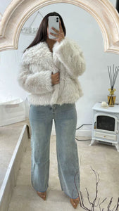 FAUX FUR COAT - BEIGE WHITE